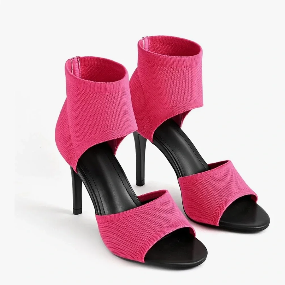 👉 Women’s Hot Pink Peep Toe Stiletto Heel Sandals – Stretch Knit Slip-On